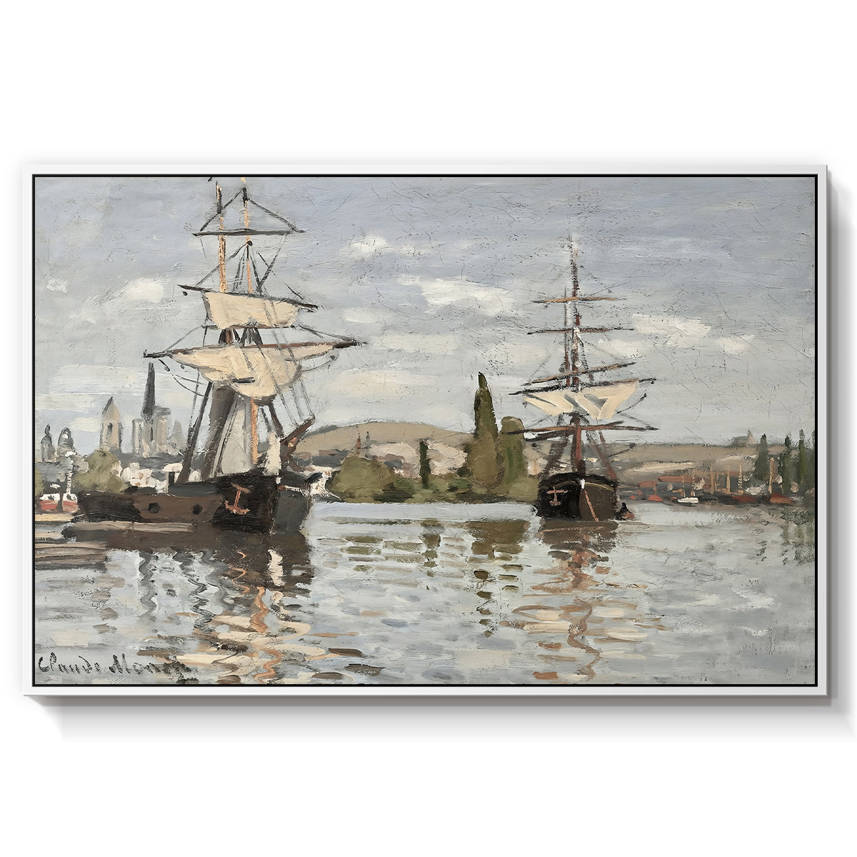 Ships Riding on the Seine at Rouen, 1872 by Claude Monet in a white floater framed canvas wall art display.