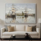 Ships Riding on the Seine at Rouen, 1872 by Claude Monet displayed in a white floater framed canvas above a sofa in a clean living room.