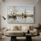 Ships Riding on the Seine at Rouen, 1872 by Claude Monet as a white floater framed canvas featuring large ships docked along the Seine with masts rising against soft sky, displayed above a sofa in a modern living room.
