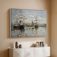 White floater framed canvas of Ships Riding on the Seine at Rouen, 1872 by Claude Monet, featuring an impressionist river scene with anchored sailing ships and reflections above a console cabinet in a minimalist entryway.