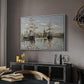 Ships Riding on the Seine at Rouen, 1872 by Claude Monet in a white floater framed canvas featuring a harbor view with tall ships lining the waterfront in muted tones, displayed above a desk in a dark home office interior.