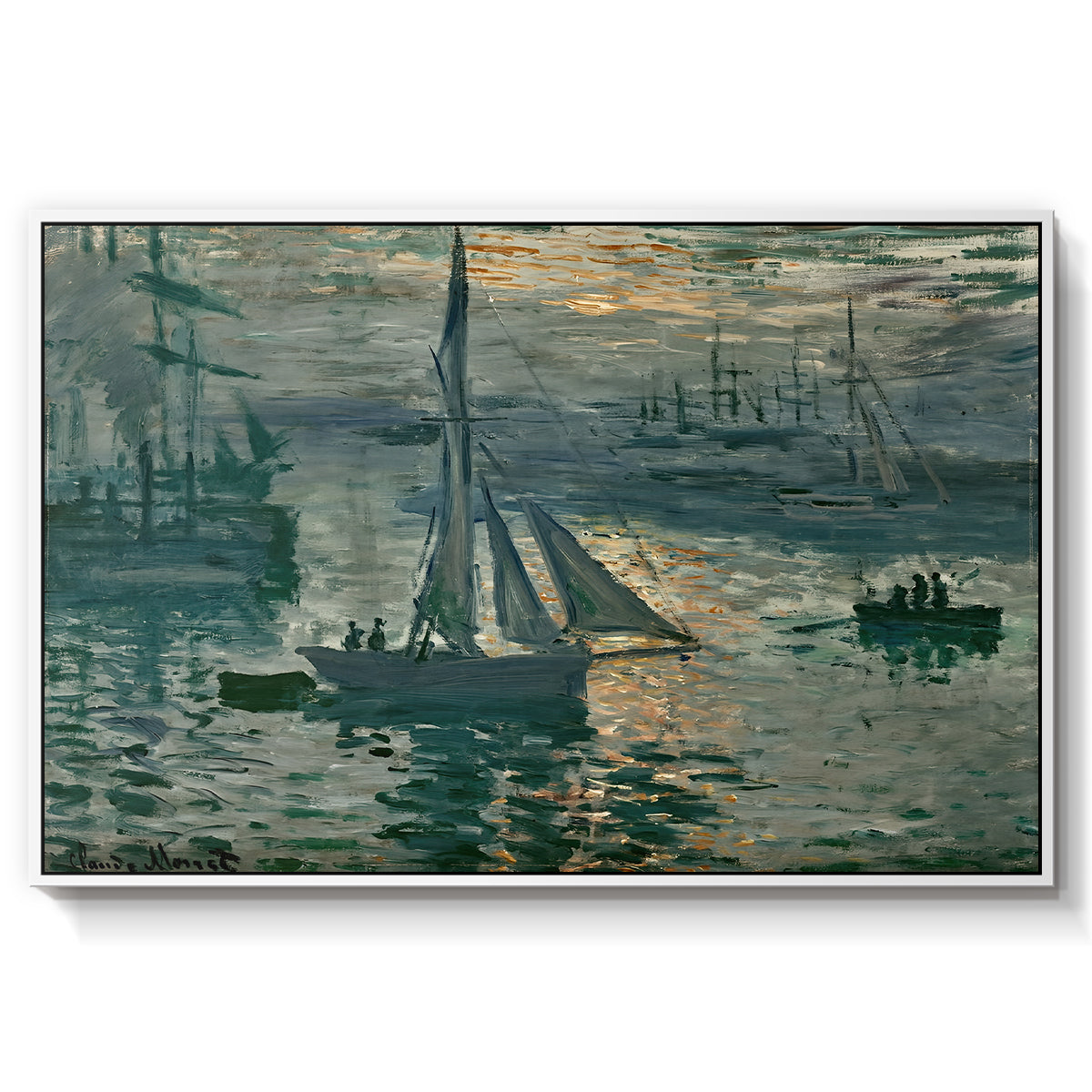 Sunrise (Marine), 1873 by Claude Monet in a white floater framed canvas wall art display.