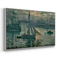 Angled view of Sunrise (Marine), 1873 by Claude Monet in a white floater framed canvas.