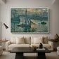Sunrise (Marine), 1873 by Claude Monet as a white floater framed canvas featuring a hazy sunrise over harbor with boats silhouetted in soft morning light, displayed above a sofa in a modern living room.