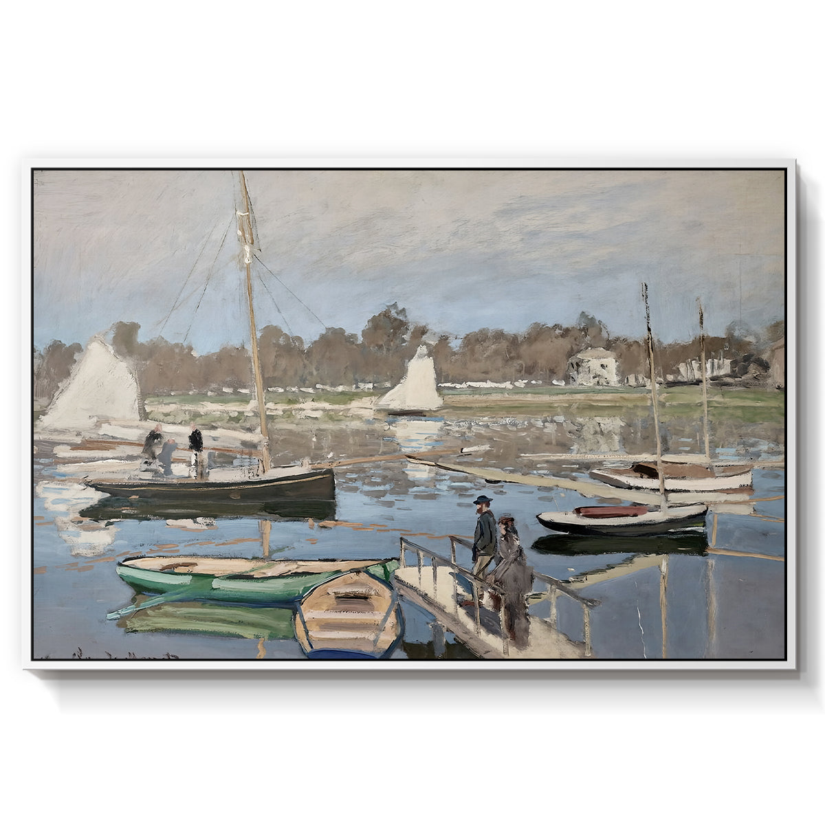 The Basin at Argenteuil, 1874 by Claude Monet in a white floater framed canvas wall art display.