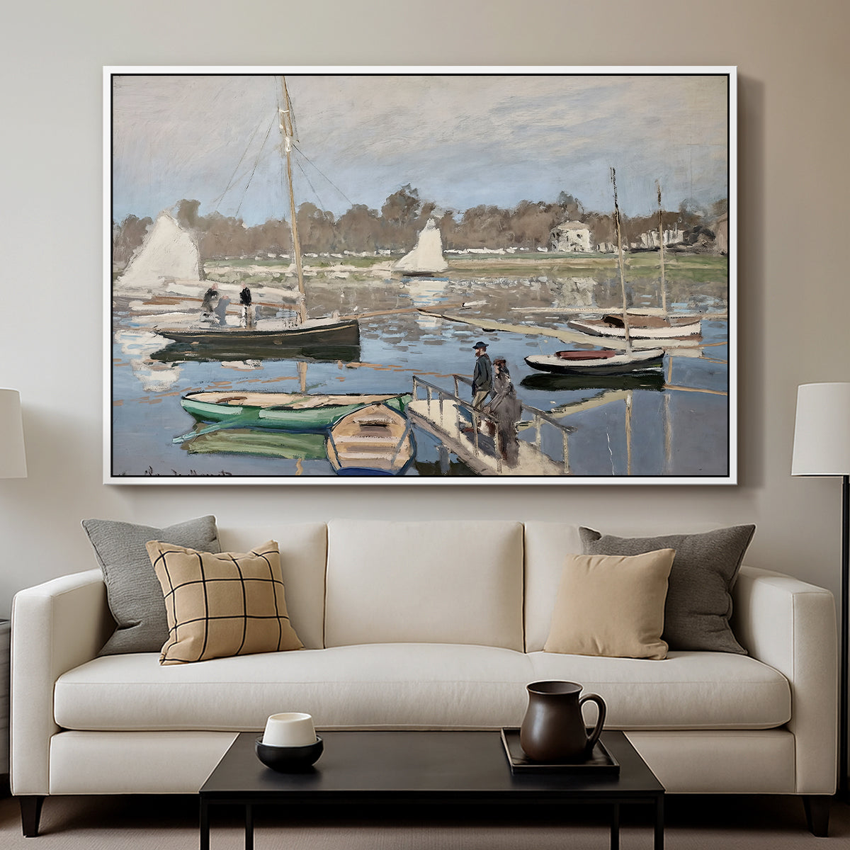 The Basin at Argenteuil, 1874 by Claude Monet displayed in a white floater framed canvas above a sofa in a clean living room.