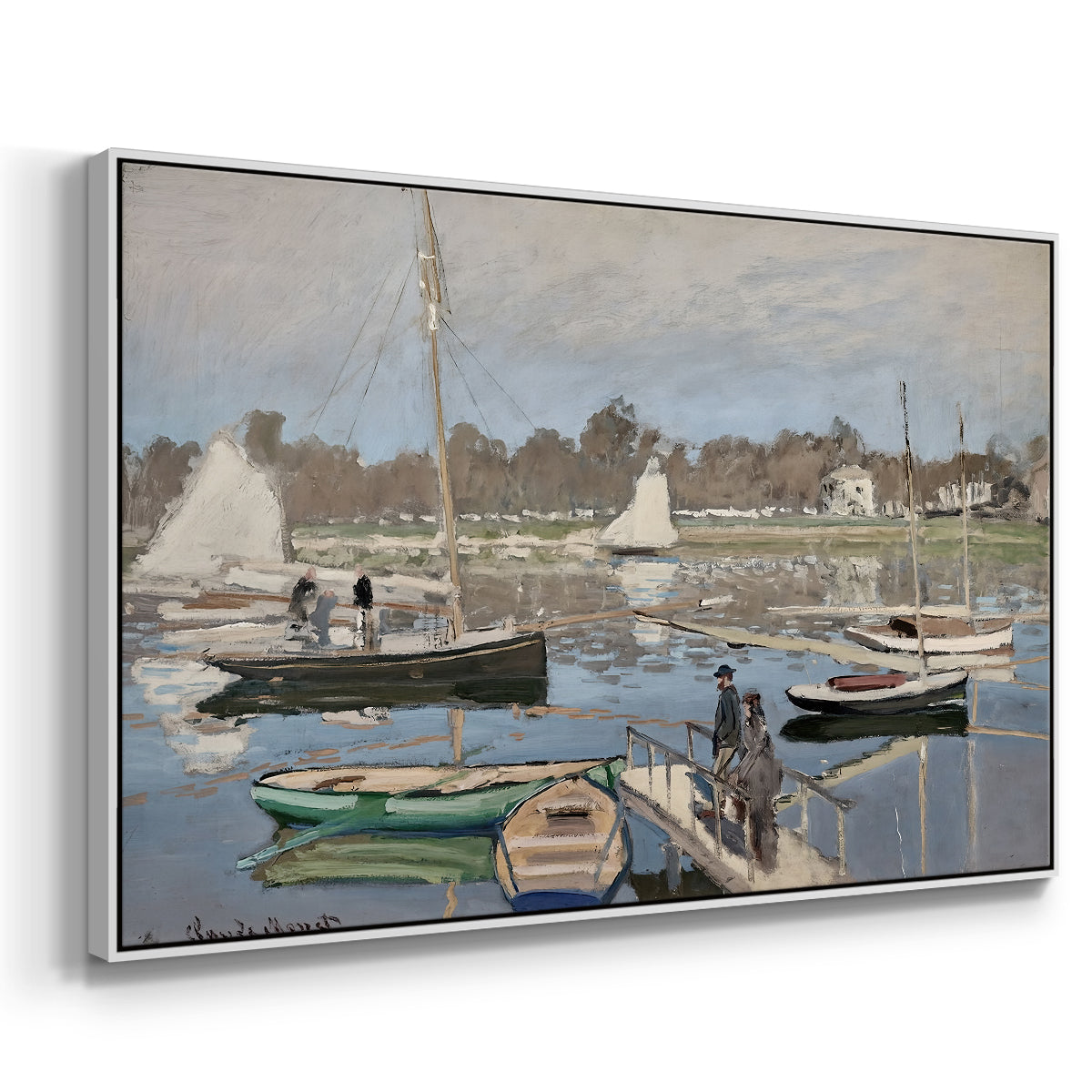 Angled view of The Basin at Argenteuil, 1874 by Claude Monet in a white floater framed canvas.