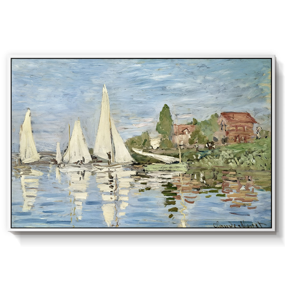 Regatta at Argenteuil, 1872 by Claude Monet in a white floater framed canvas wall art display.