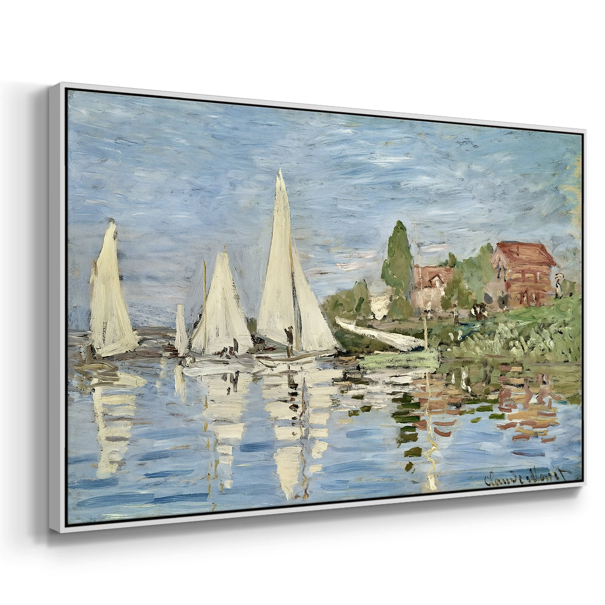 Angled view of Regatta at Argenteuil, 1872 by Claude Monet in a white floater framed canvas.