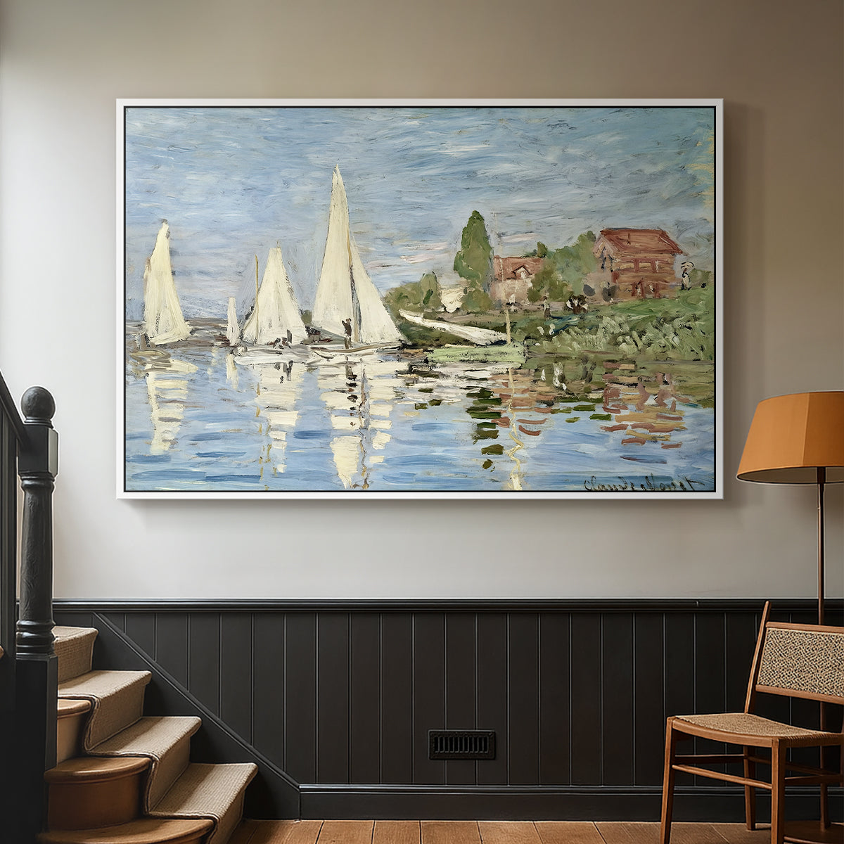 White floater framed canvas featuring a dynamic nautical scene with boats moving across river, displayed in a hallway near a staircase.