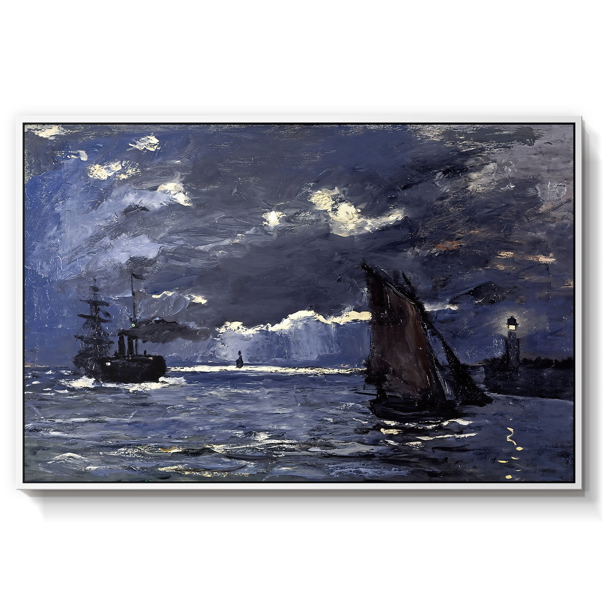 A Seascape, Shipping by Moonlight, 1864 by Claude Monet in a white floater framed canvas wall art display.