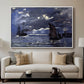 A Seascape, Shipping by Moonlight, 1864 by Claude Monet displayed in a white floater framed canvas above a sofa in a clean living room.