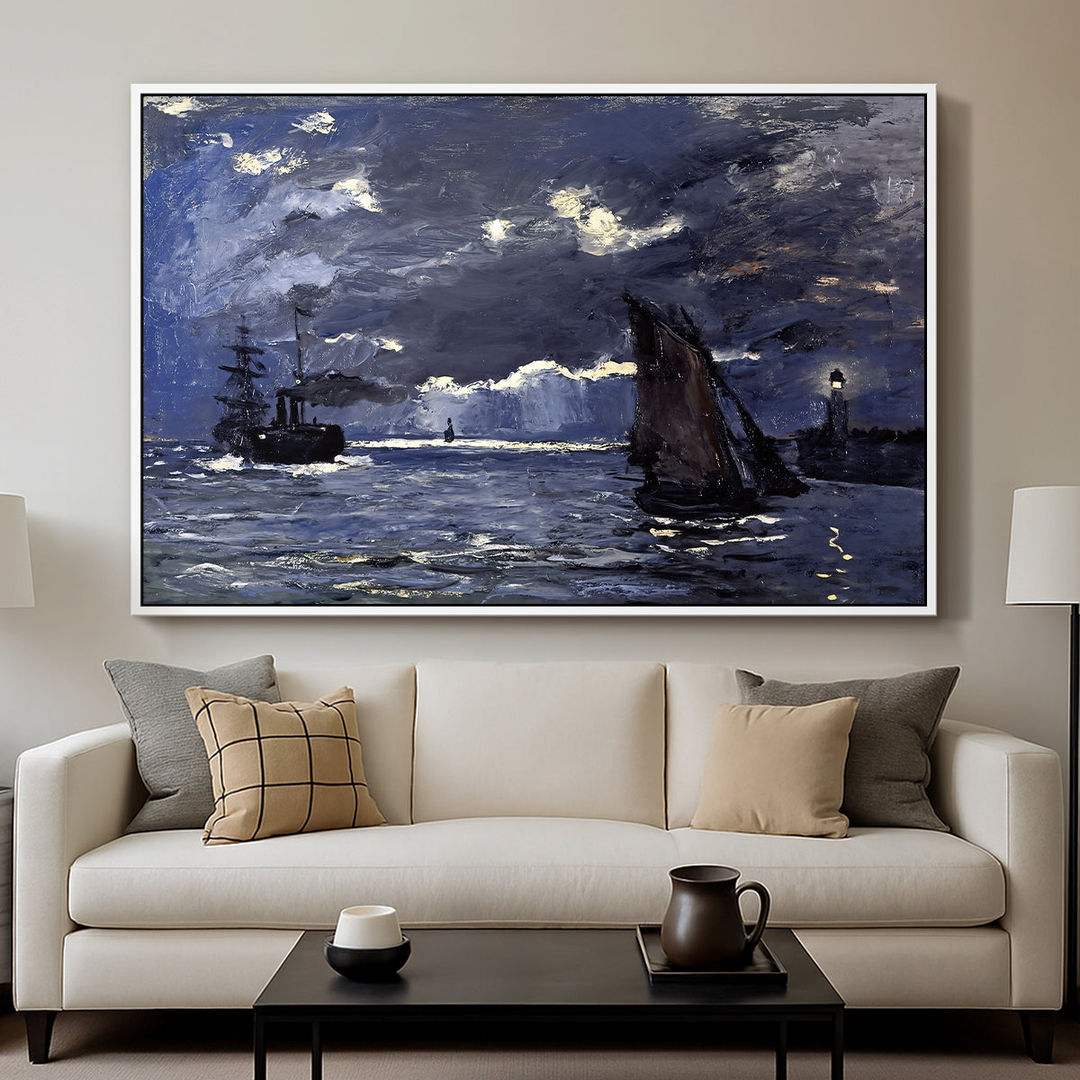 A Seascape, Shipping by Moonlight, 1864 by Claude Monet displayed in a white floater framed canvas above a sofa in a clean living room.