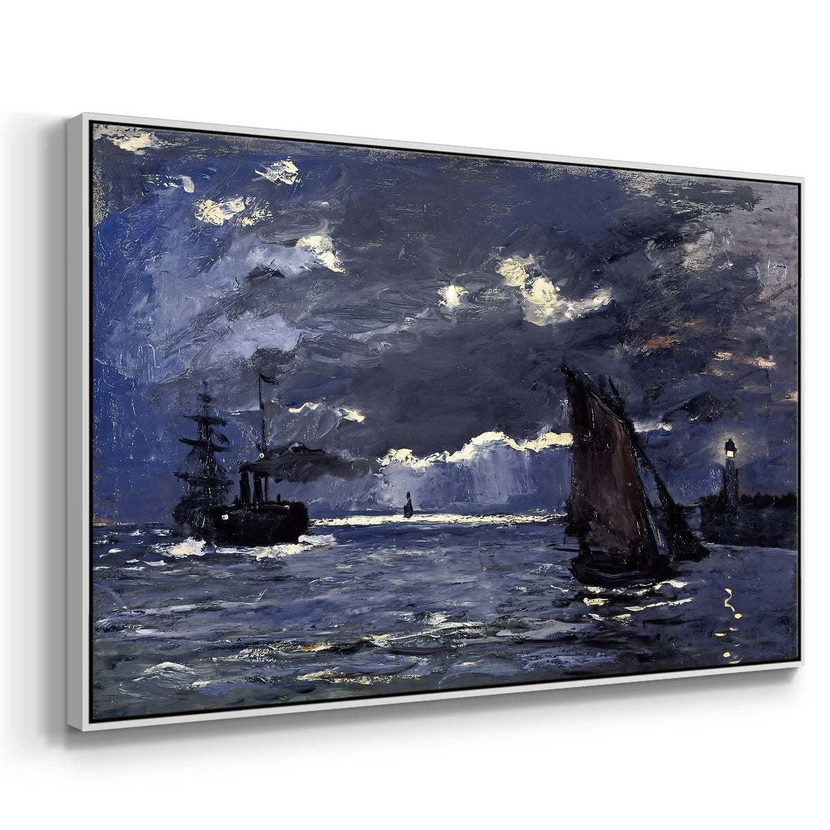 Angled view of A Seascape, Shipping by Moonlight, 1864 by Claude Monet in a white floater framed canvas.