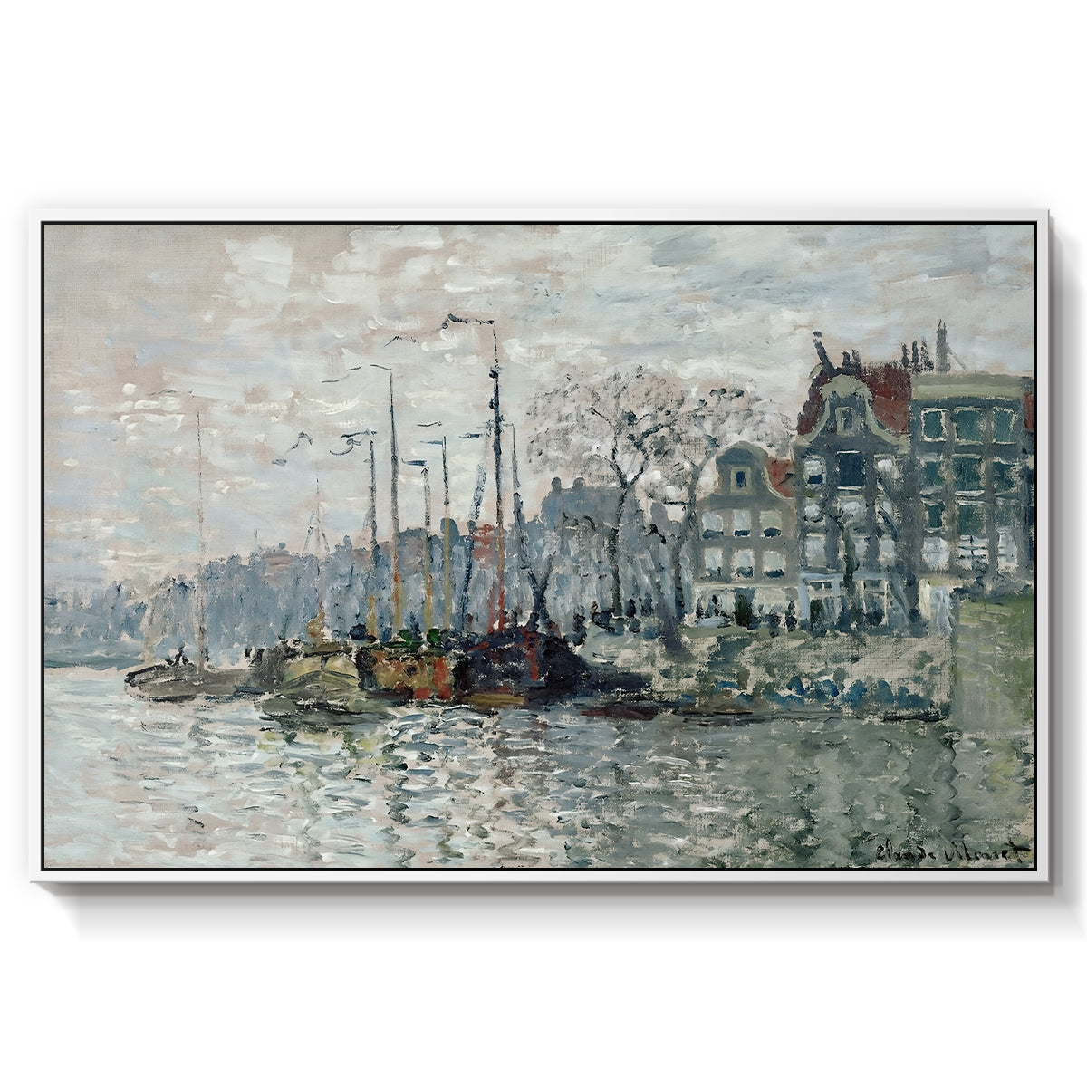 View of the Prins Hendrikkade and Kromme Waal in Amsterdam, 1874 by Claude Monet in a white floater framed canvas wall art display.