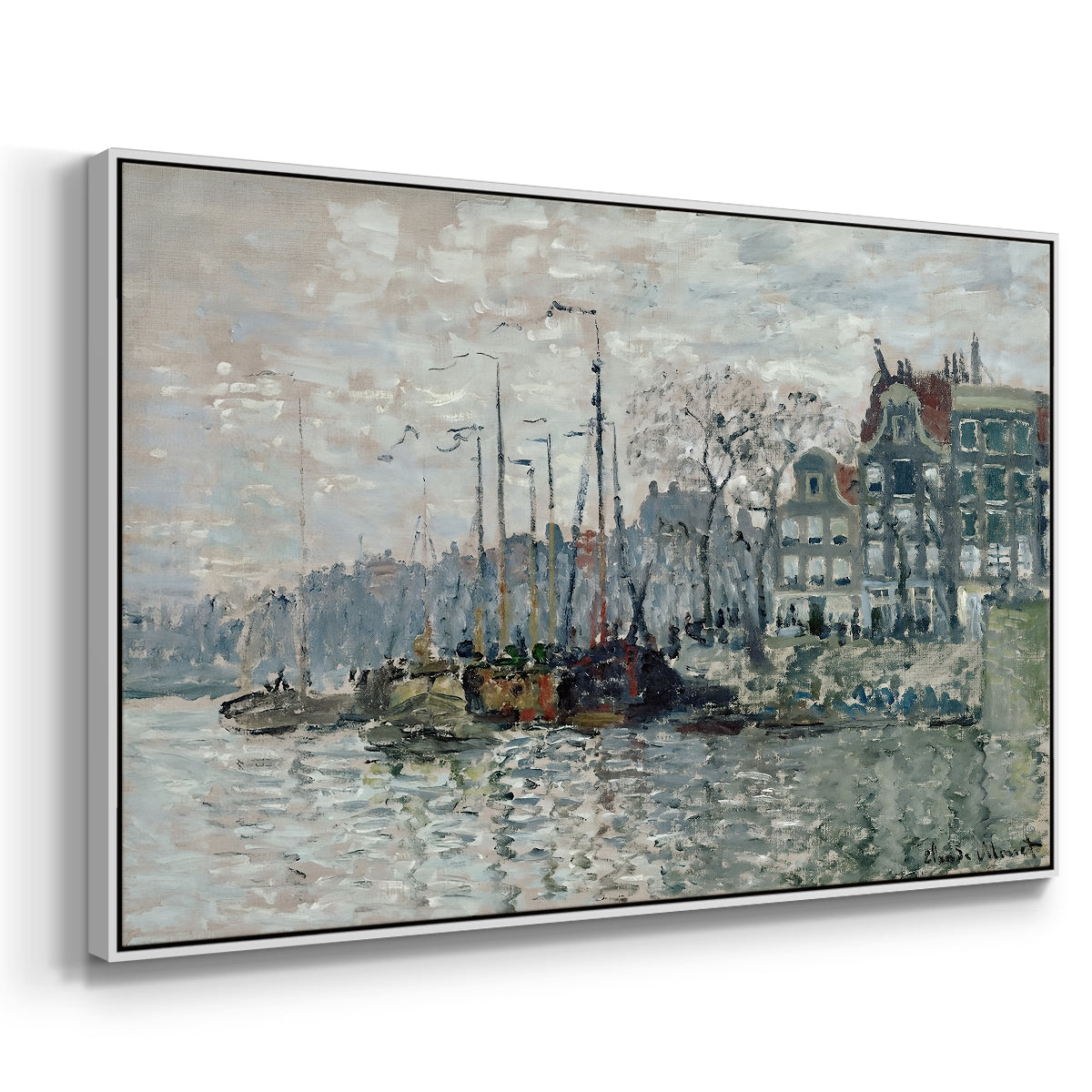 Angled view of View of the Prins Hendrikkade and Kromme Waal in Amsterdam, 1874 by Claude Monet in a white floater framed canvas.