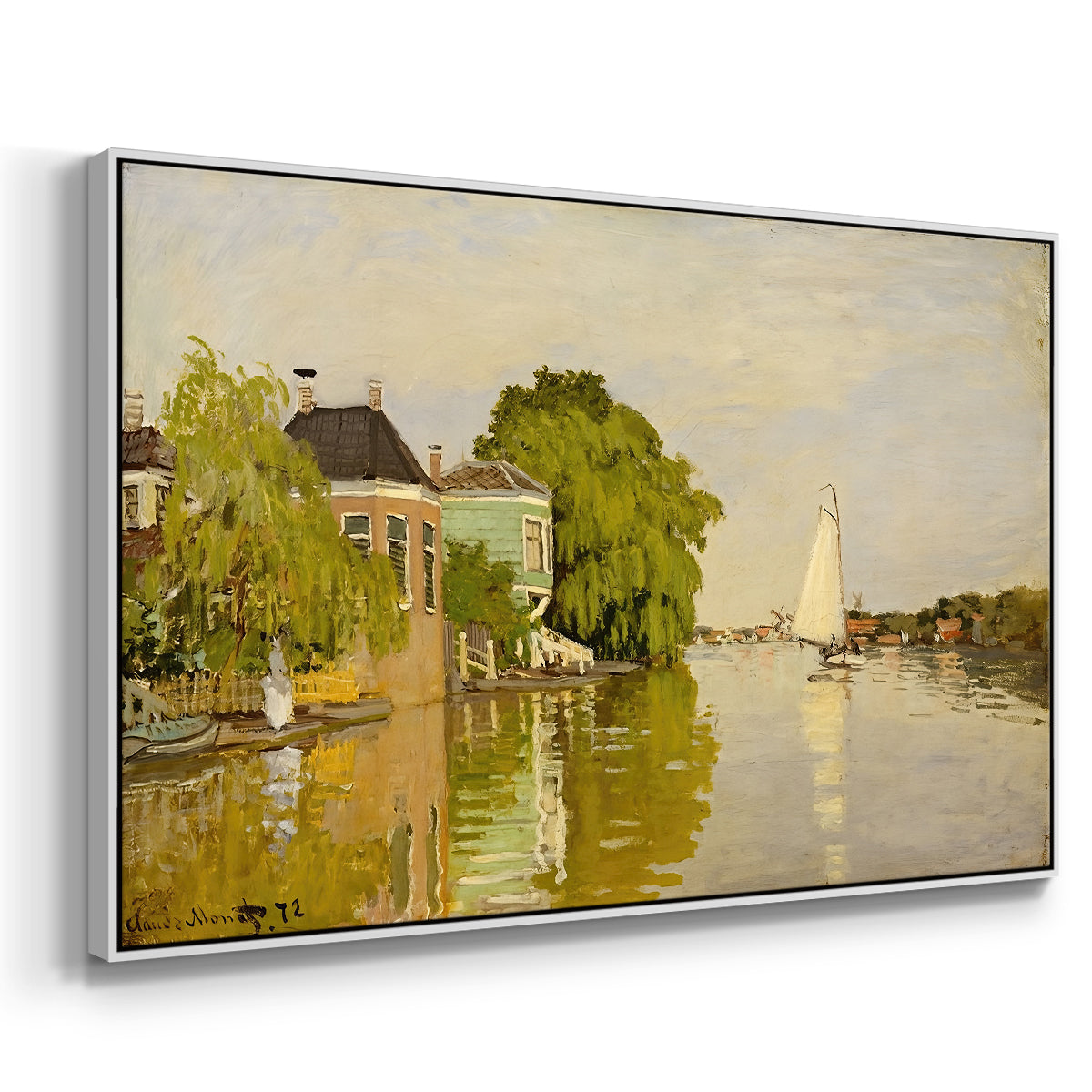 Angled view of Houses on the Achterzaan, 1871 by Claude Monet in a white floater framed canvas.