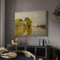 Houses on the Achterzaan, 1871 by Claude Monet in a white floater framed canvas featuring an impressionist landscape with buildings along quiet canal, displayed above a desk in a dark home office interior.