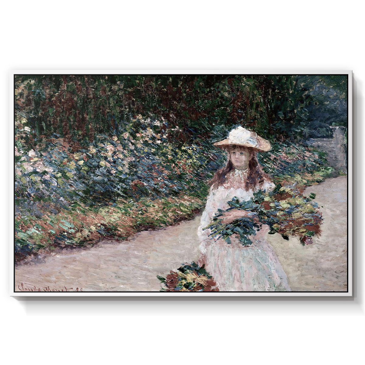 Young Girl in the Garden at Giverny, 1888 by Claude Monet in a white floater framed canvas wall art display.