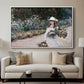 Young Girl in the Garden at Giverny, 1888 by Claude Monet displayed in a white floater framed canvas above a sofa in a clean living room.