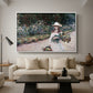 Young Girl in the Garden at Giverny, 1888 by Claude Monet as a white floater framed canvas featuring a young girl seated in lush garden surrounded by blooming flowers, displayed above a sofa in a modern living room.
