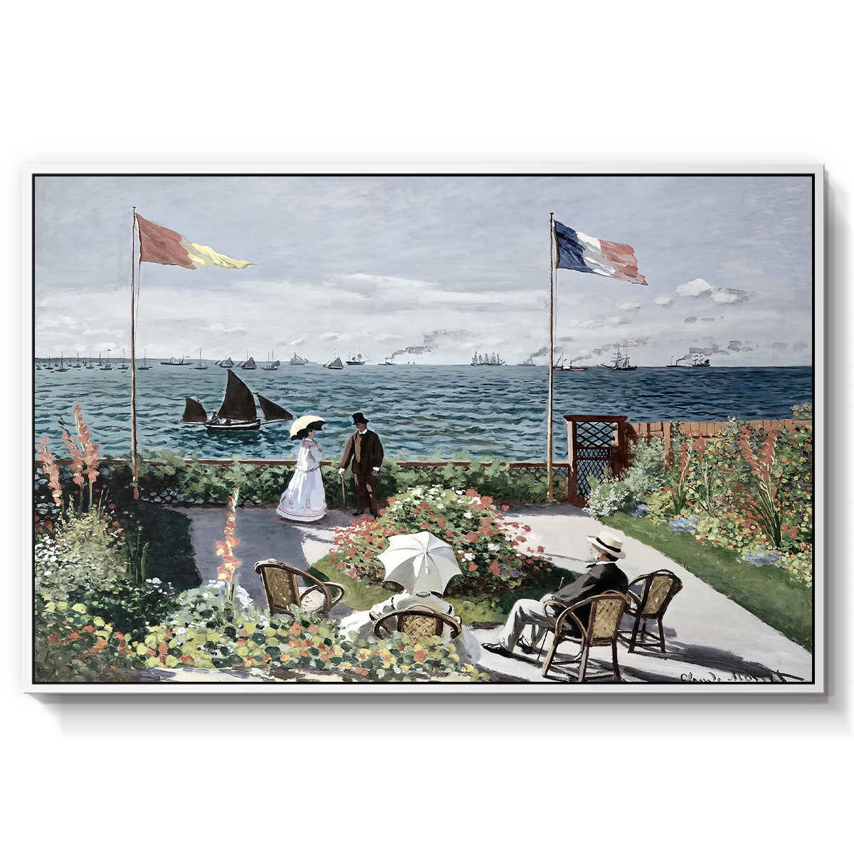 Garden at Sainte-Adresse, 1867 by Claude Monet in a white floater framed canvas wall art display.
