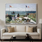 Garden at Sainte-Adresse, 1867 by Claude Monet displayed in a white floater framed canvas above a sofa in a clean living room.