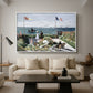 Garden at Sainte-Adresse, 1867 by Claude Monet as a white floater framed canvas featuring a seaside garden with flowers, flags, and figures overlooking the water, displayed above a sofa in a modern living room.
