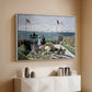 White floater framed canvas of Garden at Sainte-Adresse, 1867 by Claude Monet, featuring an impressionist coastal garden with people and ocean view above a console cabinet in a minimalist entryway.