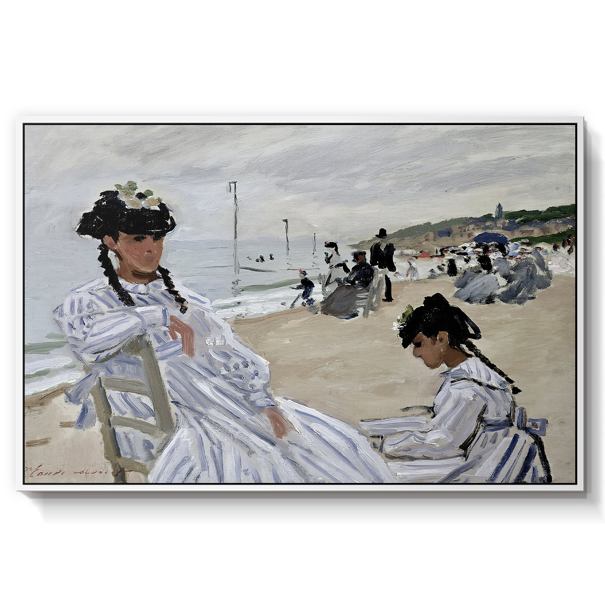 On the Beach at Trouville, 1870 by Claude Monet in a white floater framed canvas wall art display.