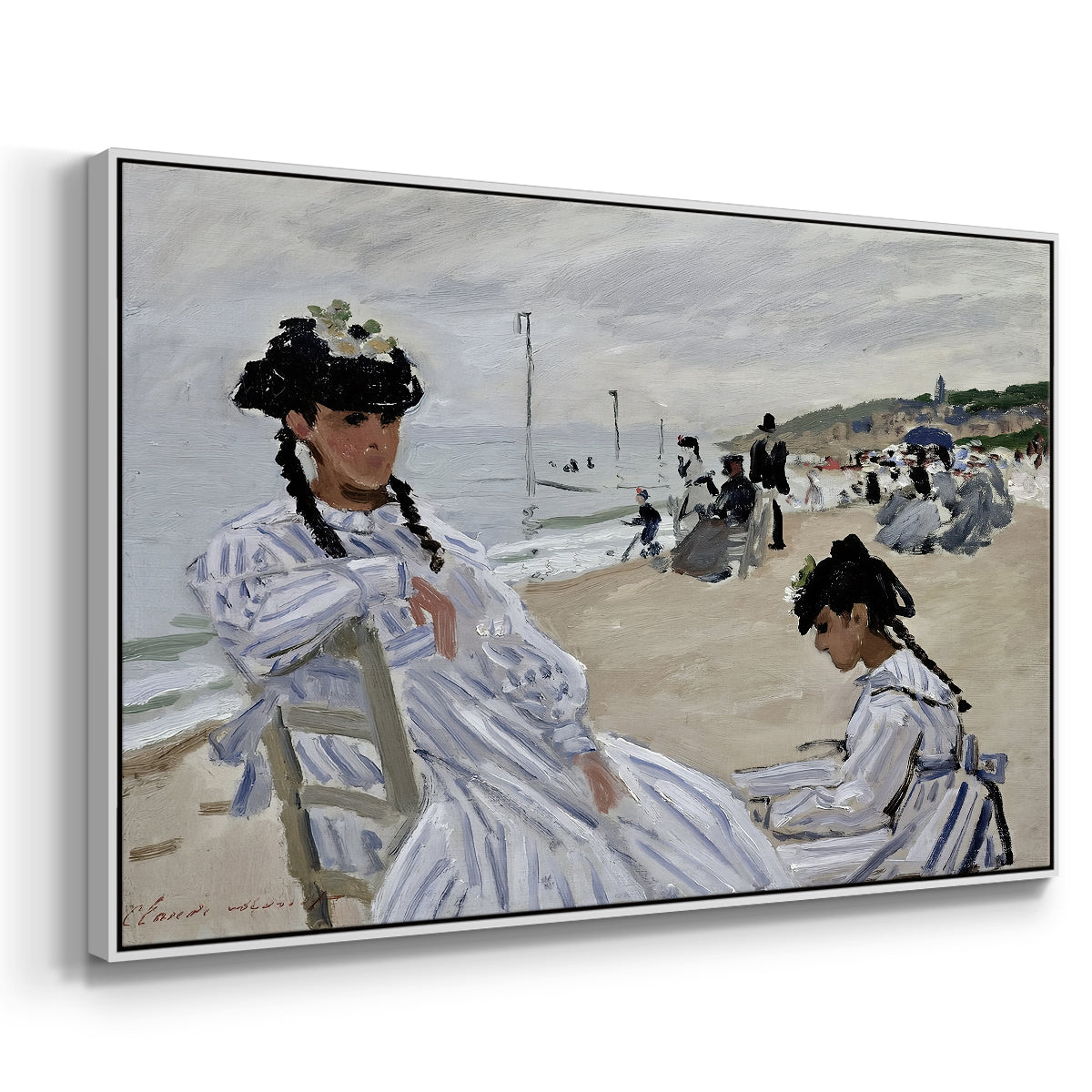 Angled view of On the Beach at Trouville, 1870 by Claude Monet in a white floater framed canvas.