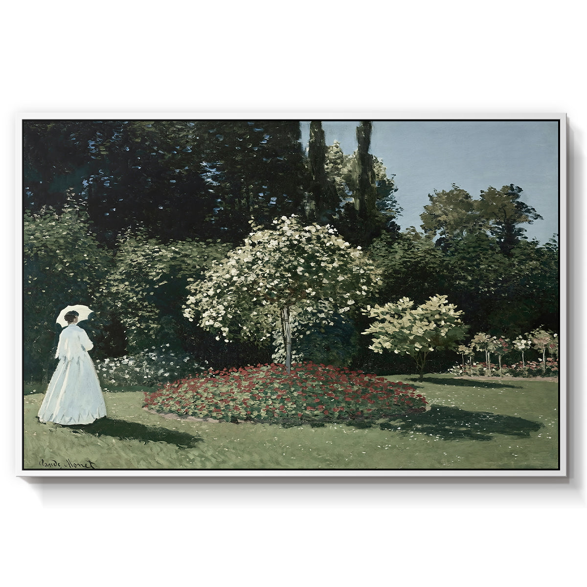 Woman in the Garden, Sainte-Adresse, 1867 by Claude Monet in a white floater framed canvas wall art display.