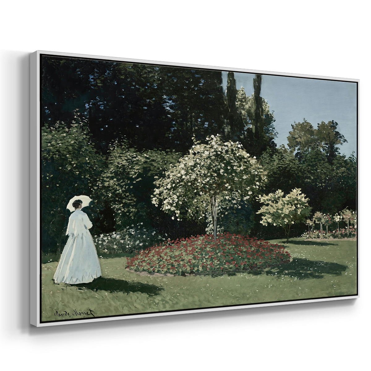 Angled view of Woman in the Garden, Sainte-Adresse, 1867 by Claude Monet in a white floater framed canvas.