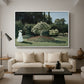 Woman in the Garden, Sainte-Adresse, 1867 by Claude Monet as a white floater framed canvas featuring a woman standing in garden surrounded by flowers and greenery, displayed above a sofa in a modern living room.