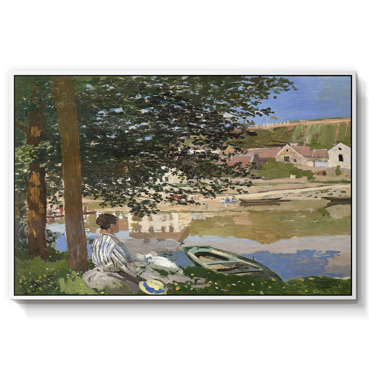 On the Bank of the Seine, Bennecourt, 1868 by Claude Monet in a white floater framed canvas wall art display.