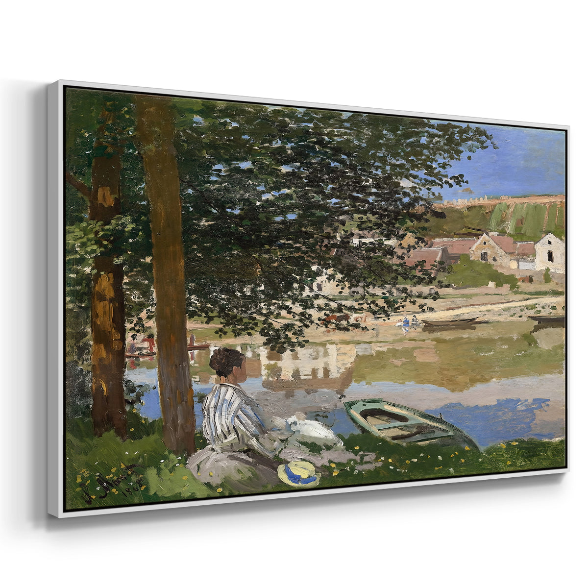 Angled view of On the Bank of the Seine, Bennecourt, 1868 by Claude Monet in a white floater framed canvas.