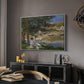 On the Bank of the Seine, Bennecourt, 1868 by Claude Monet in a white floater framed canvas featuring an impressionist landscape with people relaxing along the Seine, displayed above a desk in a dark home office interior.