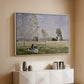 White floater framed canvas of Summer (L'ete), 1874 by Claude Monet, featuring an impressionist countryside scene with figure resting in shade above a console cabinet in a minimalist entryway.