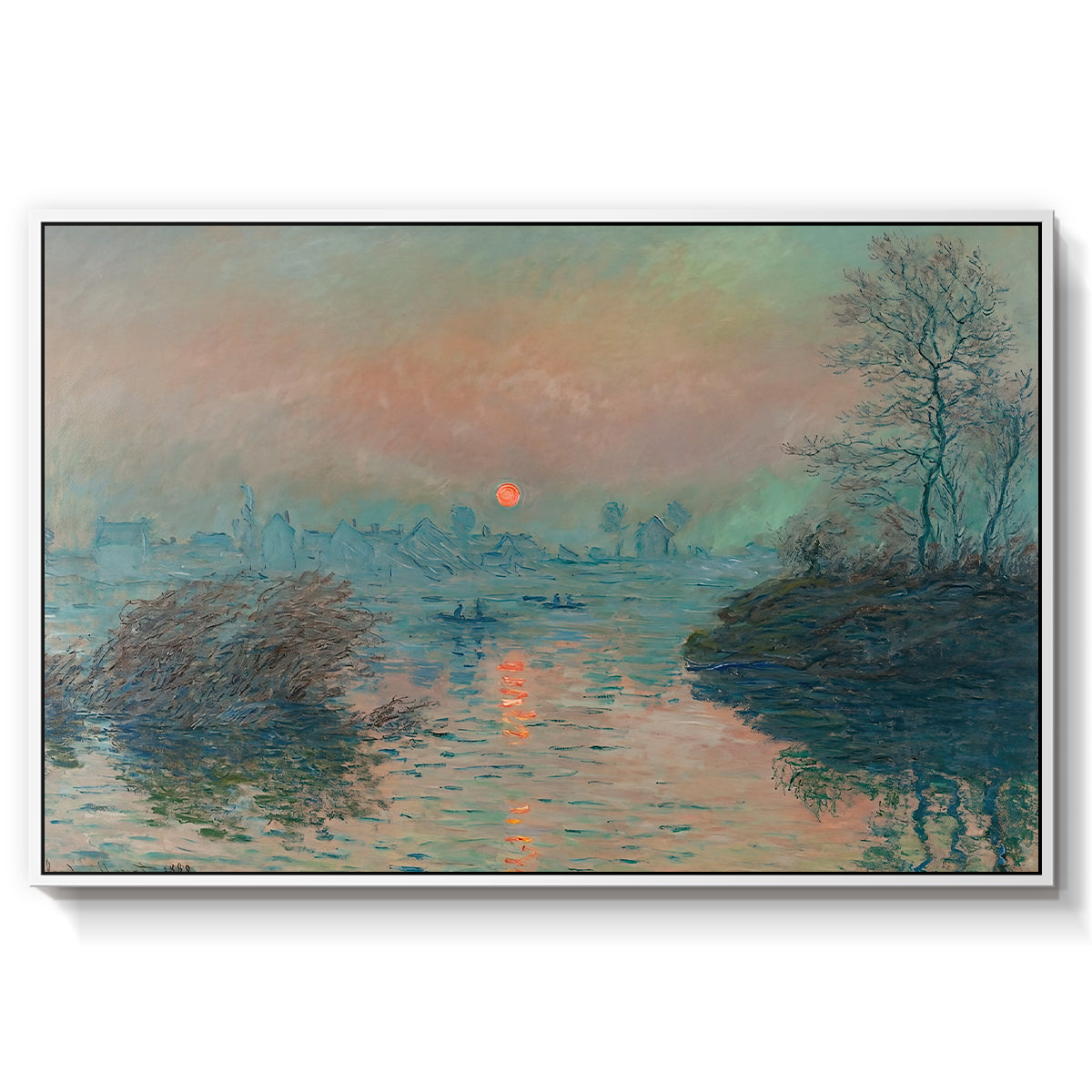 Sunset on the Seine at Lavacourt, Winter Effect, 1880 by Claude Monet in a white floater framed canvas wall art display.