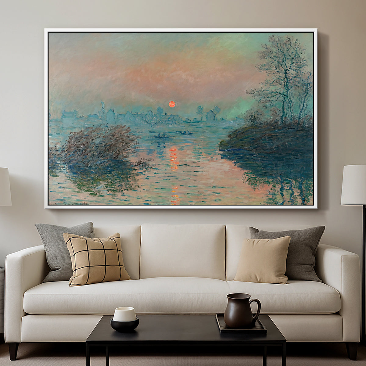Sunset on the Seine at Lavacourt, Winter Effect, 1880 by Claude Monet displayed in a white floater framed canvas above a sofa in a clean living room.