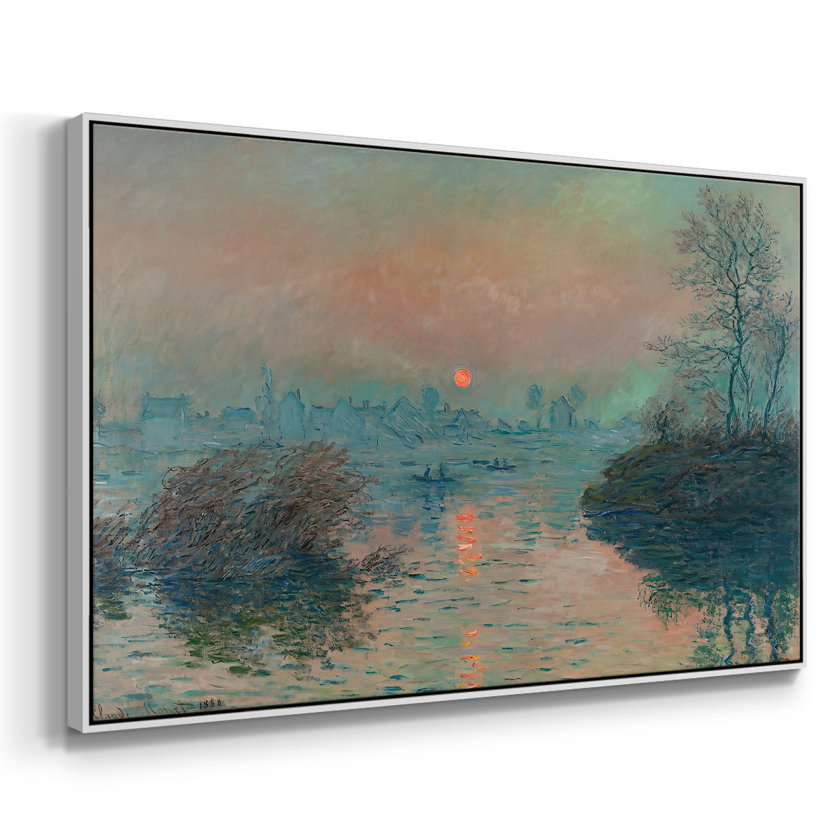 Angled view of Sunset on the Seine at Lavacourt, Winter Effect, 1880 by Claude Monet in a white floater framed canvas.