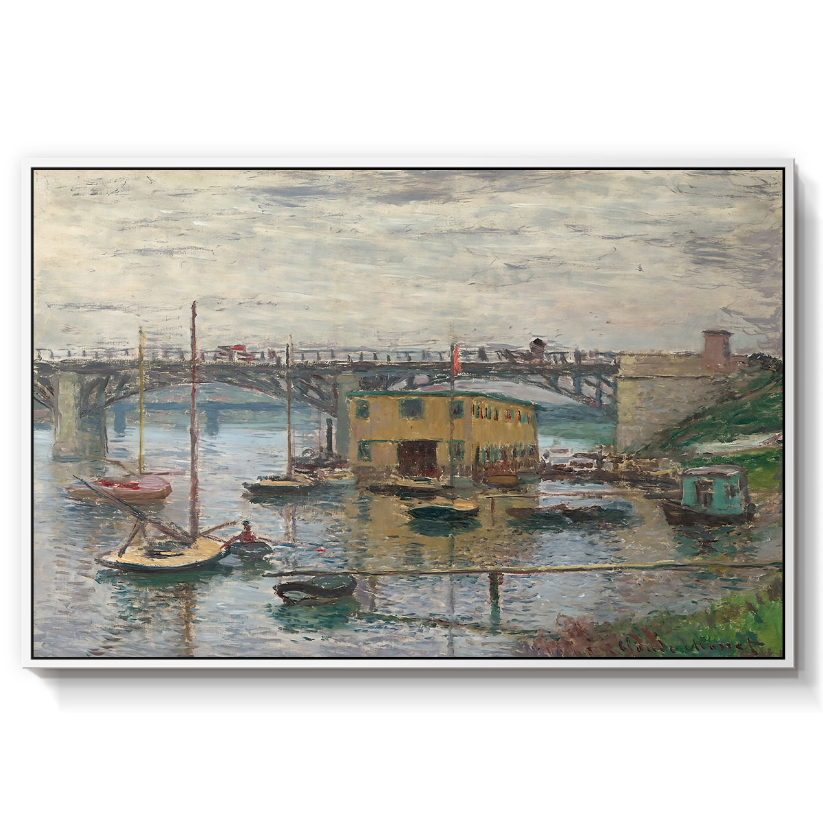 Bridge at Argenteuil on a Gray Day, c. 1876 by Claude Monet in a white floater framed canvas wall art display.
