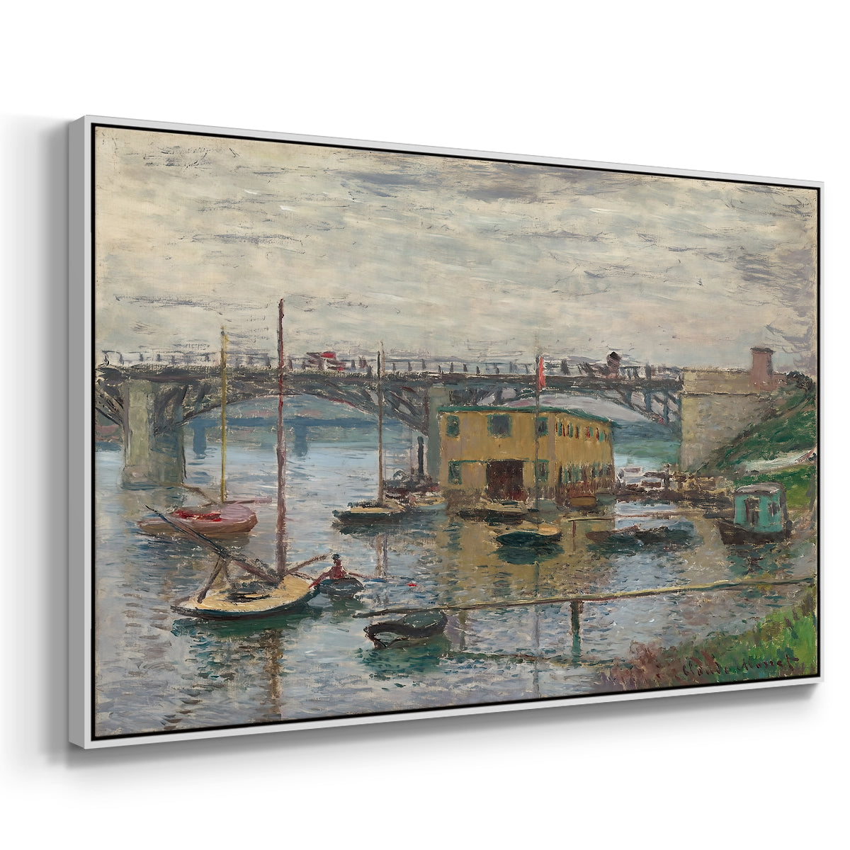 Angled view of Bridge at Argenteuil on a Gray Day, c. 1876 by Claude Monet in a white floater framed canvas.