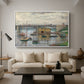 Bridge at Argenteuil on a Gray Day, c. 1876 by Claude Monet as a white floater framed canvas featuring a bridge crossing river under gray sky with muted reflections, displayed above a sofa in a modern living room.