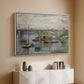 White floater framed canvas of Bridge at Argenteuil on a Gray Day, c. 1876 by Claude Monet, featuring an impressionist riverscape with overcast atmosphere and soft tones above a console cabinet in a minimalist entryway.