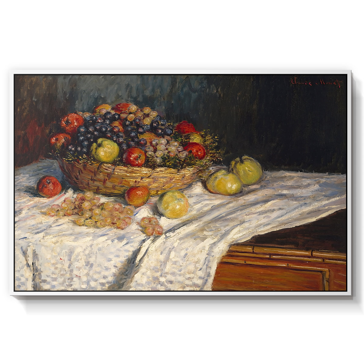 Still Life with Apples and Grapes, 1880 by Claude Monet in a white floater framed canvas wall art display.