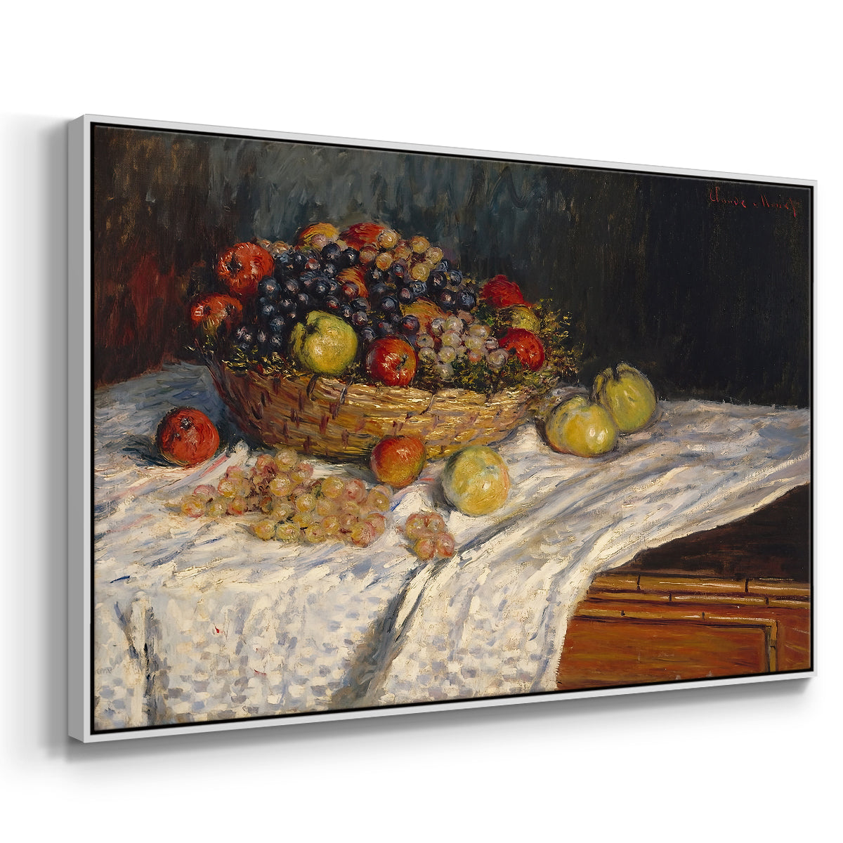 Angled view of Still Life with Apples and Grapes, 1880 by Claude Monet in a white floater framed canvas.