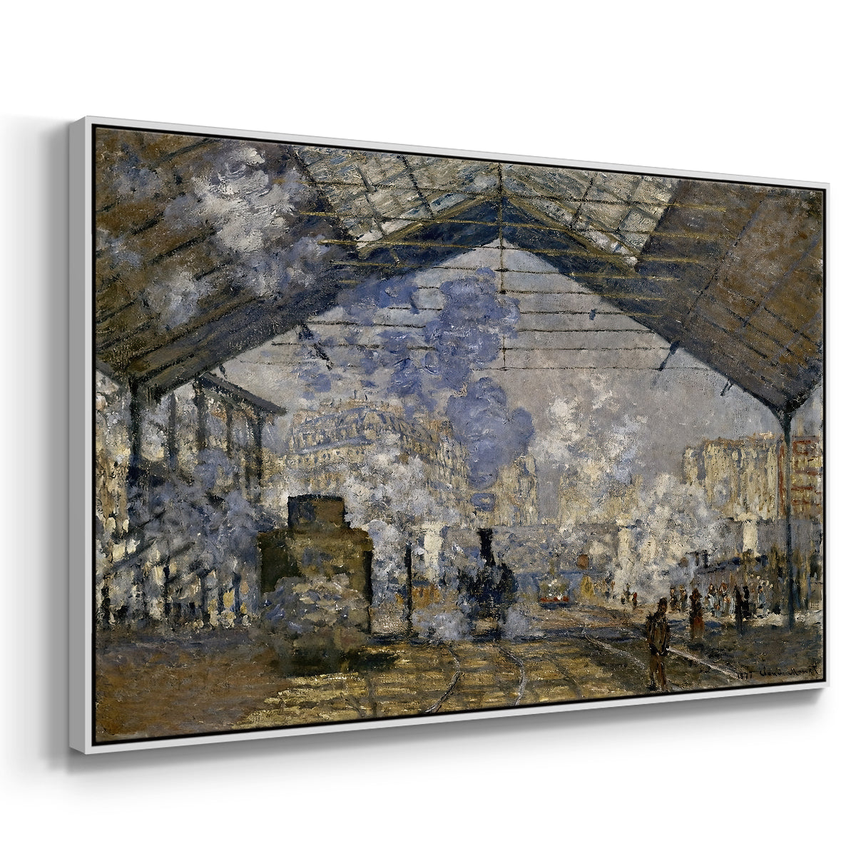 Angled view of The Gare Saint-Lazare, 1877 by Claude Monet in a white floater framed canvas.