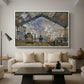 The Gare Saint-Lazare, 1877 by Claude Monet as a white floater framed canvas featuring a train station interior filled with steam and locomotives under iron structure, displayed above a sofa in a modern living room.