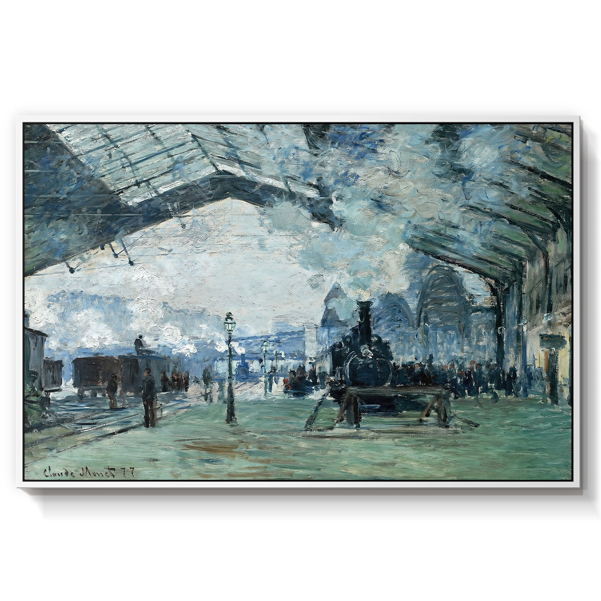 The Saint-Lazare Station, 1877 by Claude Monet in a white floater framed canvas wall art display.